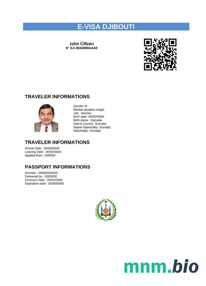 Szablon e-visa do Dżibuti ze wszystkimi czcionkami
